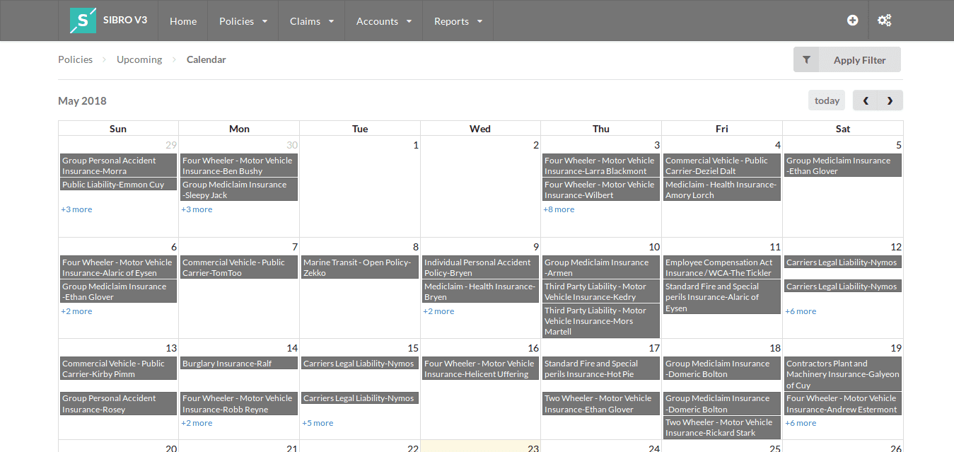 software listing out upcoming renewals in calendar