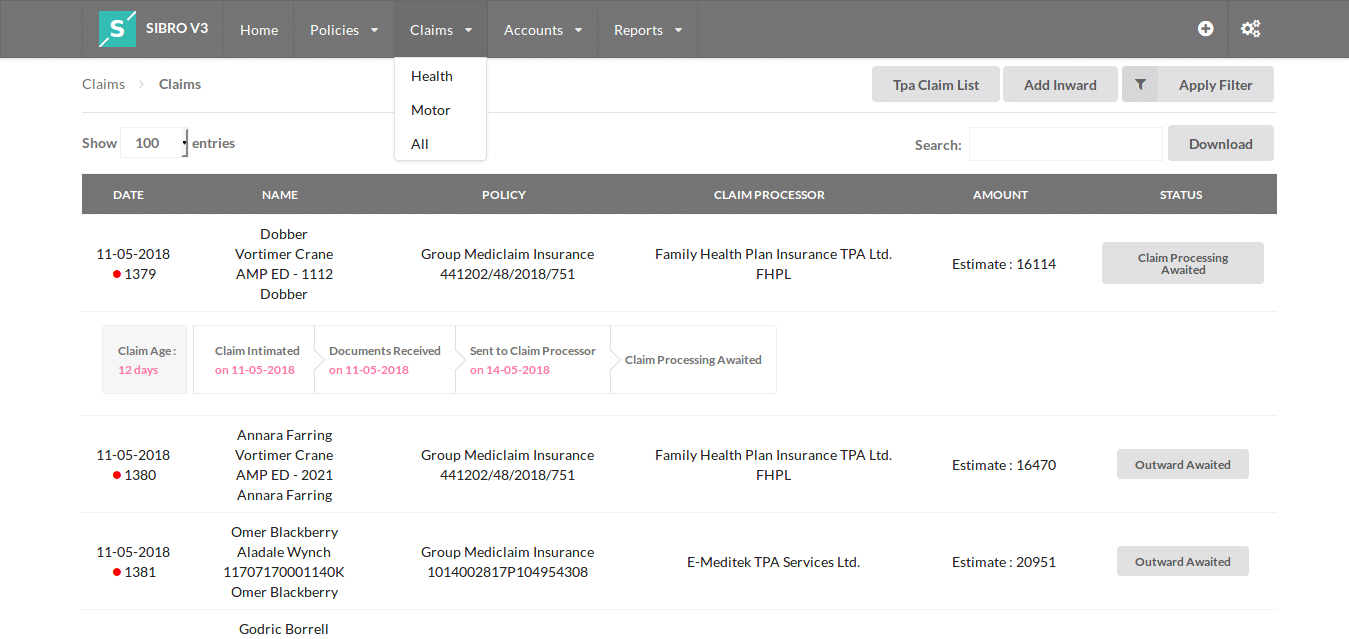 List Of Insurance Claim Details And Statuses
